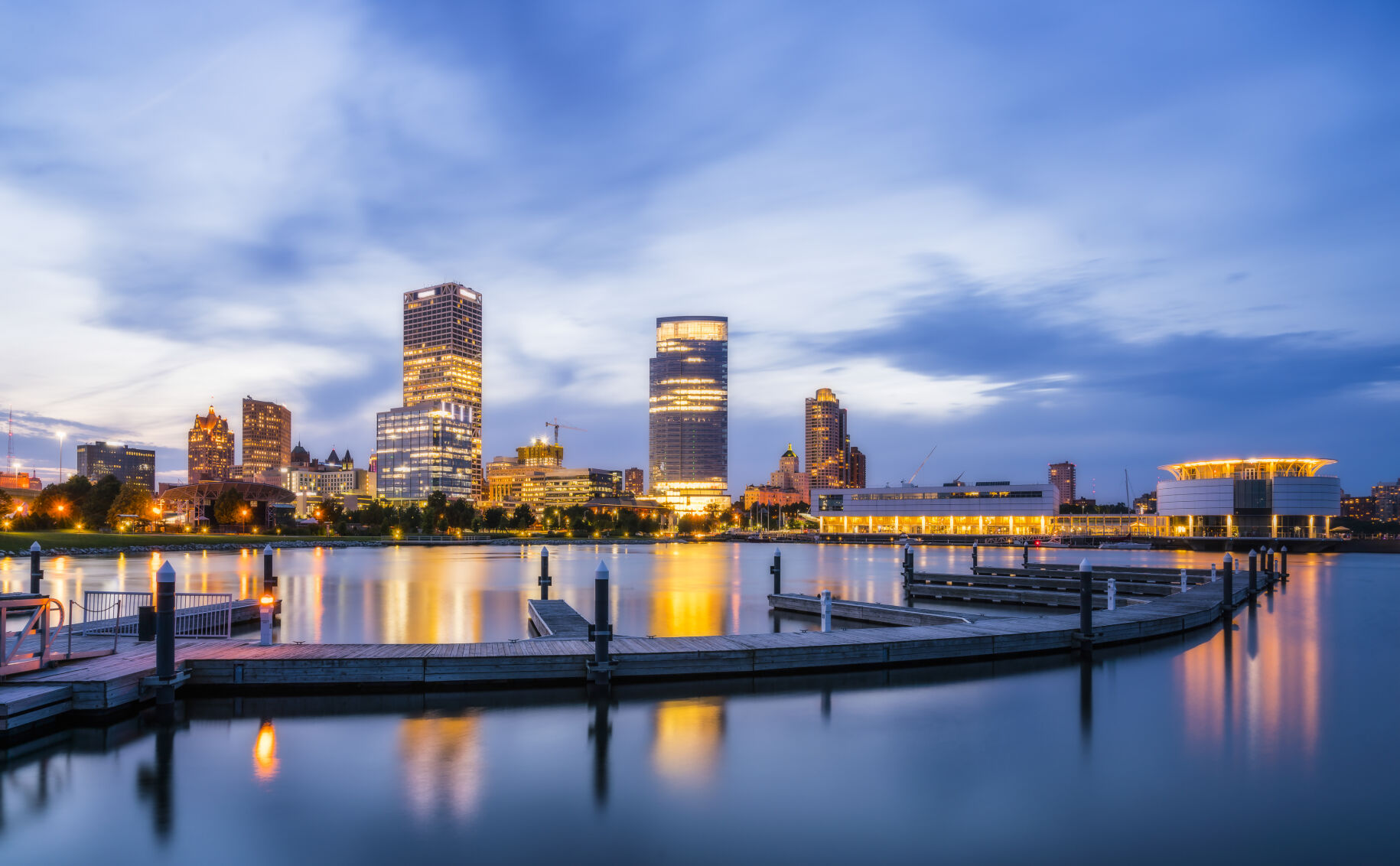 beautiful milwaukee at night with reflection in water ,wisconsin,usa.